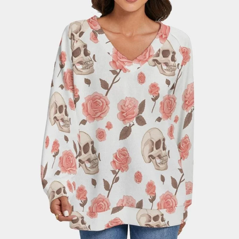 Women's Skulls & Pink Roses V-neck Sweater With Long Sleeve