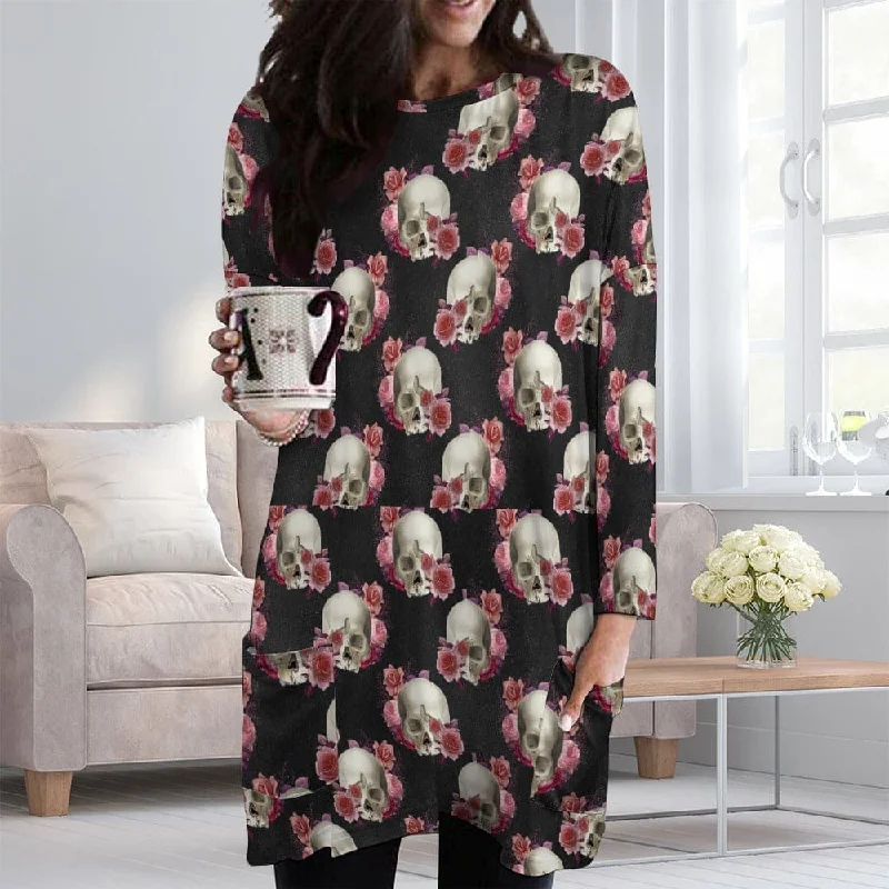 Women's Skulls & Roses Long Sleeve Front Pockets Long Top