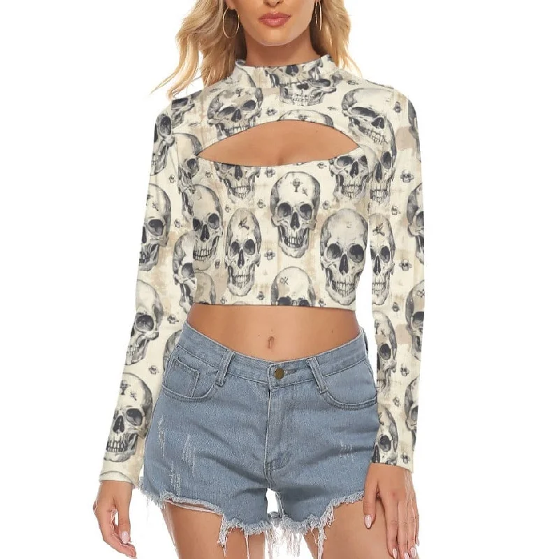 Women's Vintage Skulls Hollow Chest Keyhole Tight Crop Top