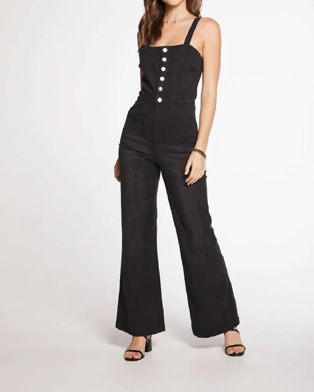 Stretch Twill Square Neck Button Down Wide Leg Jumpsuit Size In Washed Black