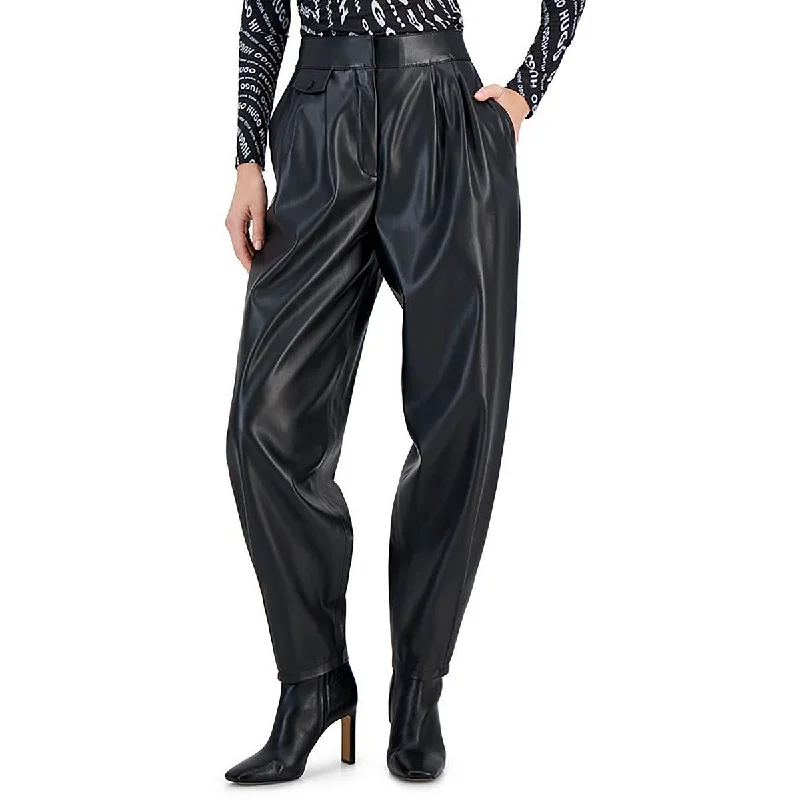 Womens Faux Leather Pleated Trouser Pants